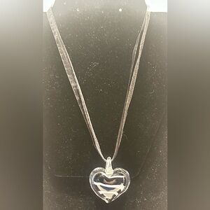 Murano Style Art Blown Glass Zebra Stripe  Heart Pendant w/Claw Clasp Necklace